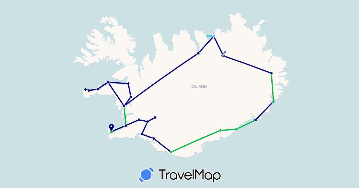 TravelMap itinerary: driving, bus, cycling, hiking, boat in Iceland (Europe)