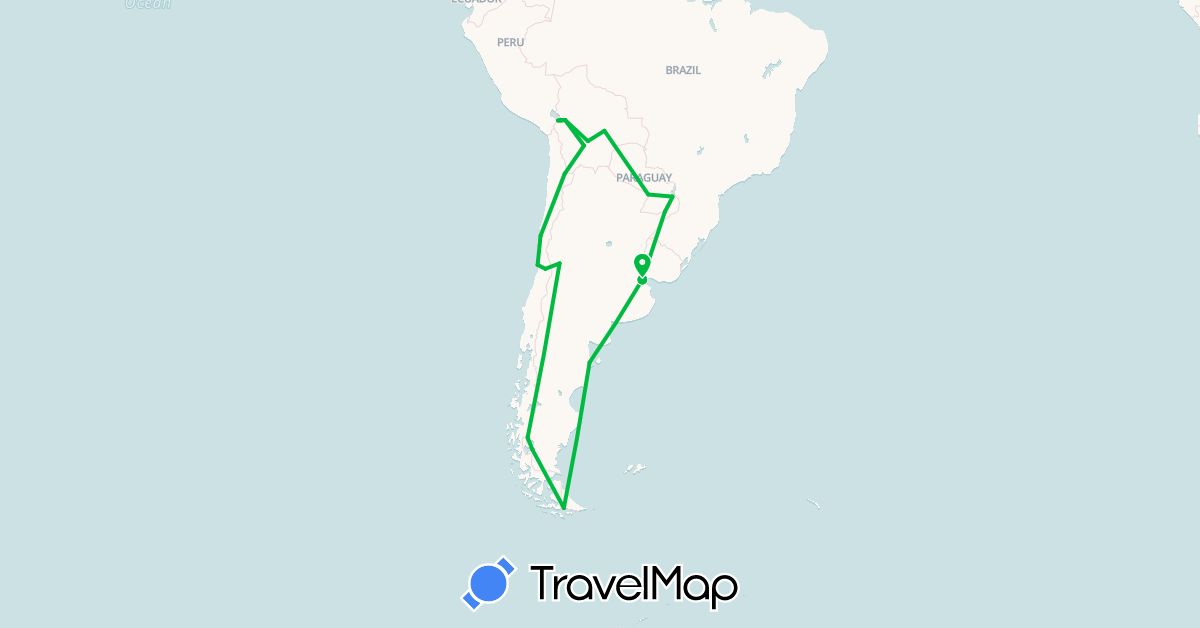 TravelMap itinerary: bus in Argentina, Bolivia, Brazil, Chile, Peru, Paraguay (South America)