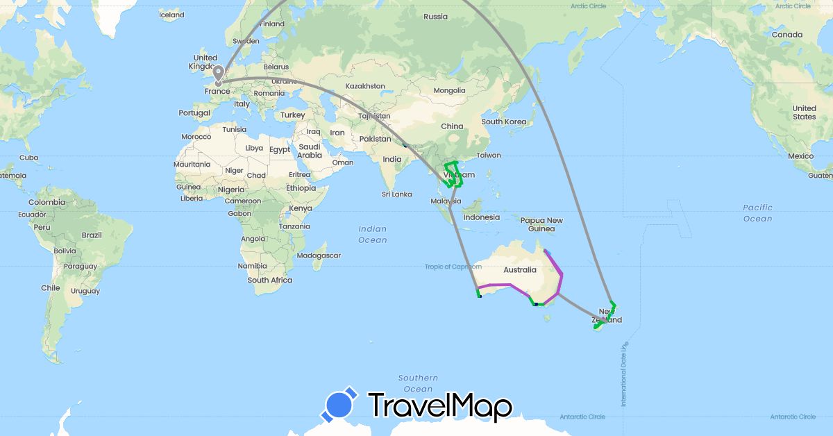 TravelMap itinerary: driving, bus, plane, cycling, train, hiking, boat, hitchhiking, motorbike in Australia, France, Cambodia, Laos, Nepal, New Zealand, Singapore, Thailand, Vietnam (Asia, Europe, Oceania)